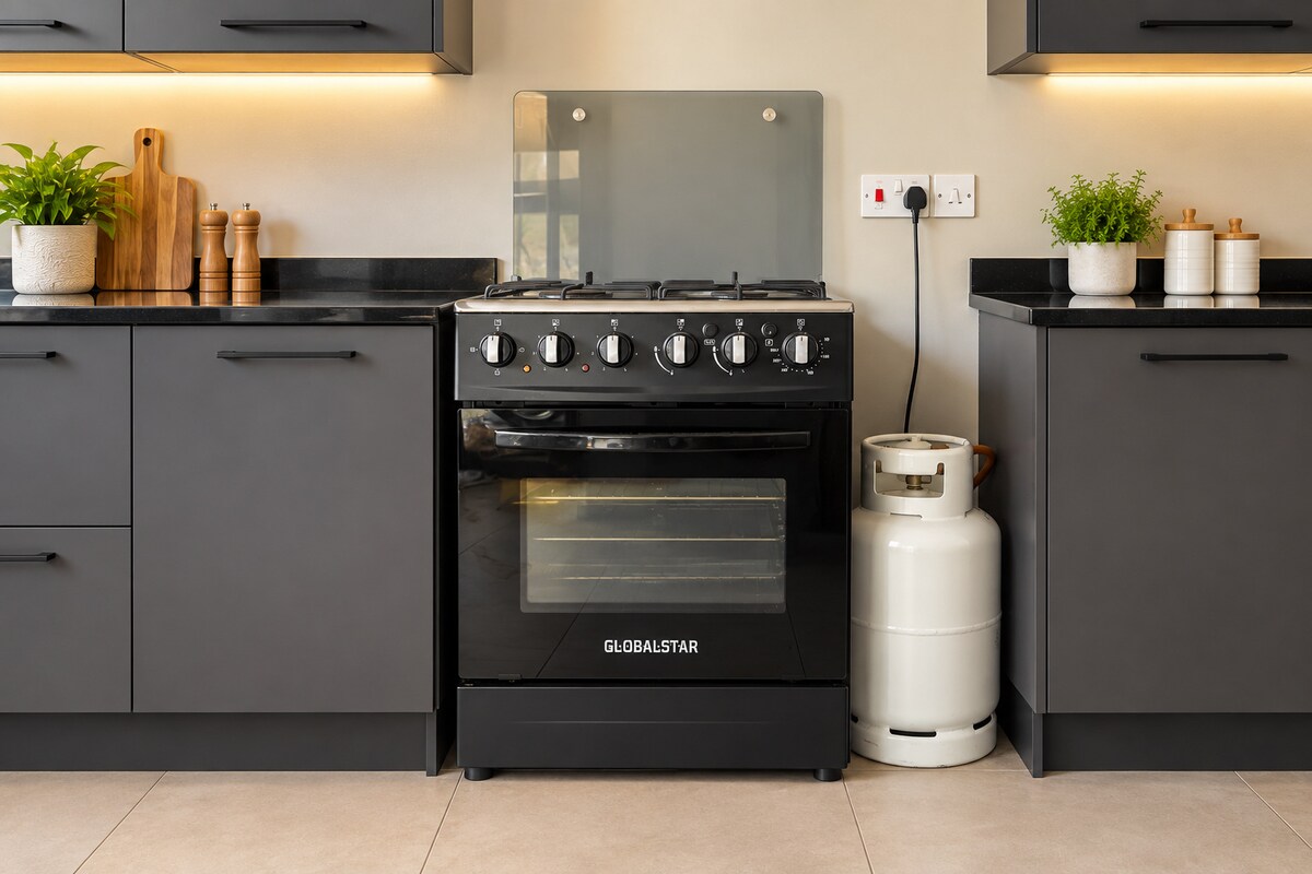 Kitchen cooking area with oven and gas cylinder