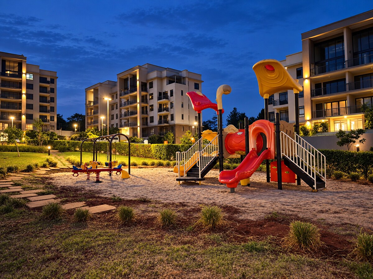 Savana Heights gardens and play area at dusk